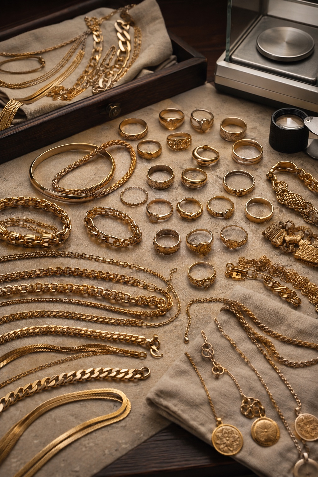Gold jewelry organized for professional evaluation
