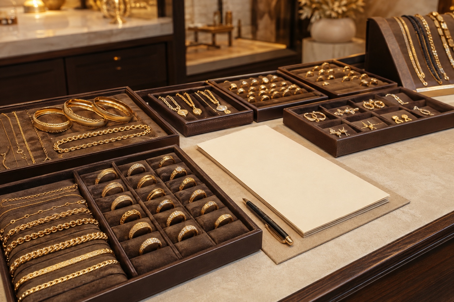 Gold jewelry displayed for a professional business consultation