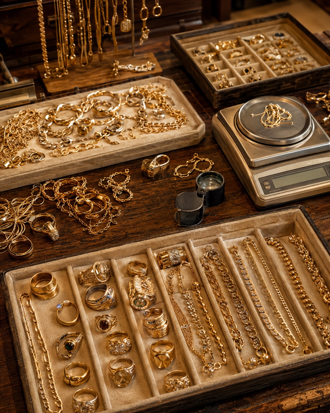 Gold jewelry organized on a professional evaluation workbench